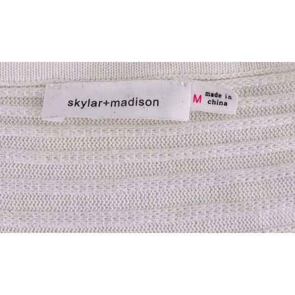 Skylar+Madison White V-Neck Ribbed Sweater Striped Sleeve Detail Size Medium - Picture 2 of 5